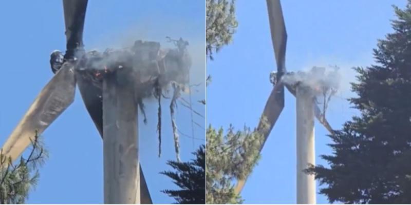 Collage of a wind turbine on fire.